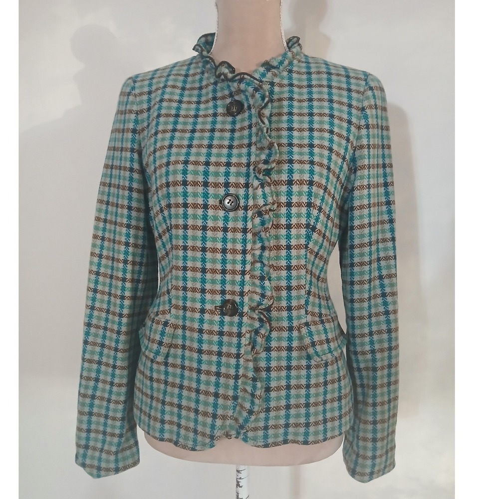 Talbots Womens 8 Wool Plaid Ruffle Trim Blazer Jacket Elbow Patches Blue Green